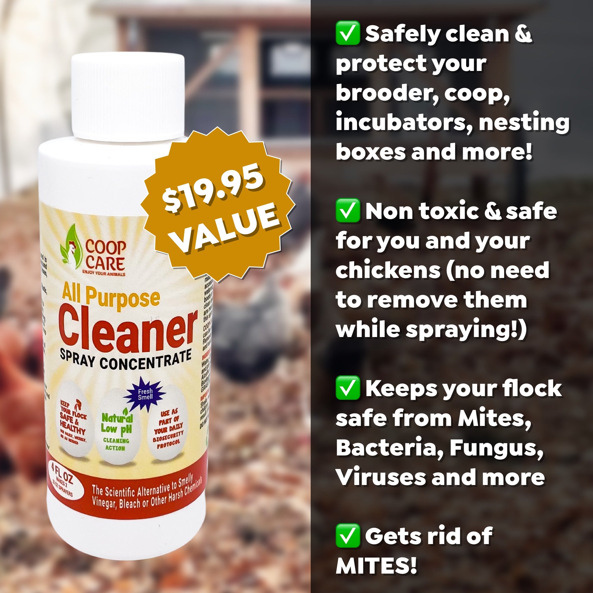 Chick Fresh Concentrate w/ FREE 4 oz Coop Cleaner Concentrate & empty 24 oz spray bottle - Remove odors, Mites and keep your coop clean